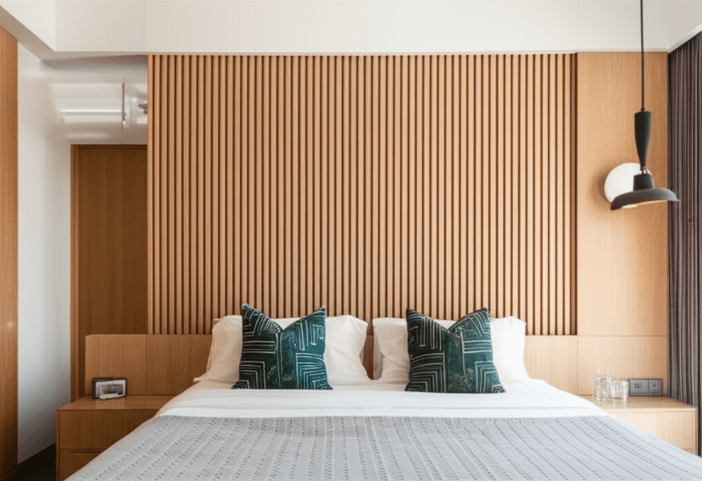 Wood slats accent wall installation in Vienna, VA - Wood Slat Wall in Bedroom by Accent Walls Pro