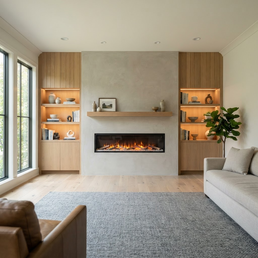 Decorative fireplace wall in an upscale living room with oak shelving and a linear firebox