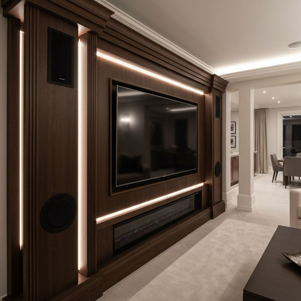 Modern media wall with a television, fireplace, and LED lighting