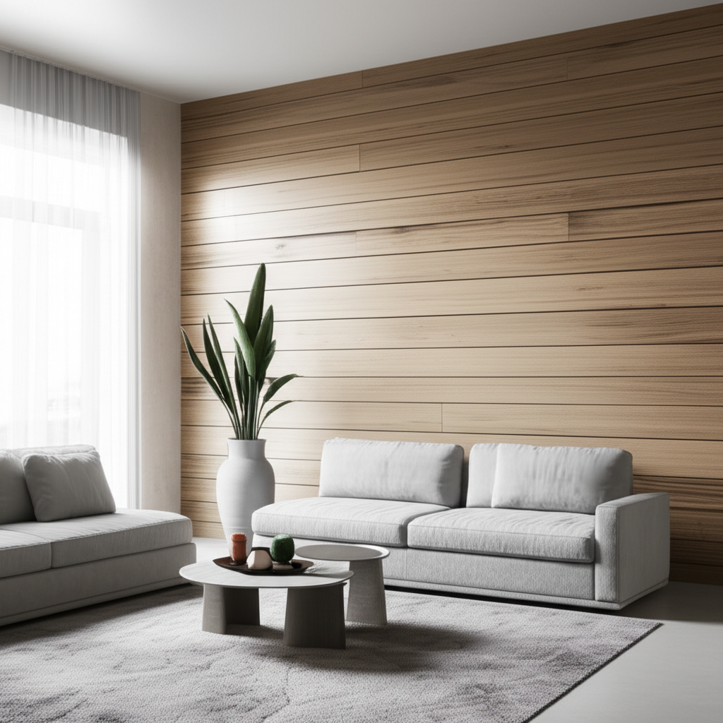 Modern Wood Accent Wall - Custom wood slat accent wall with integrated lighting in modern living room
