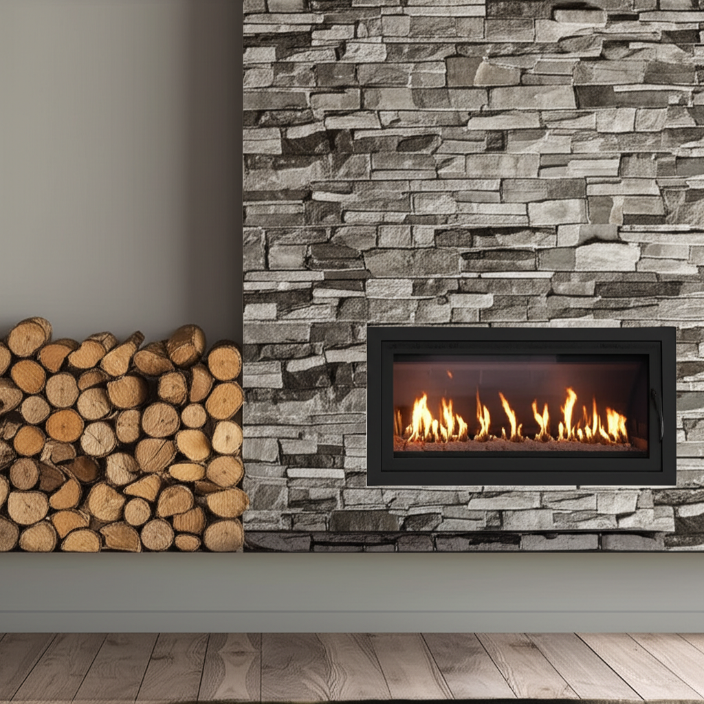 Stone Fireplace Installation - Natural stone veneer fireplace with custom mantel and built-in storage