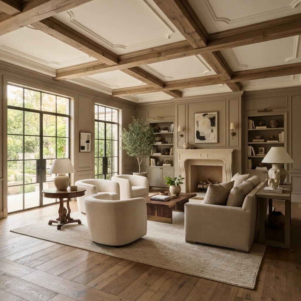 Decorative ceiling beams in a warm living room